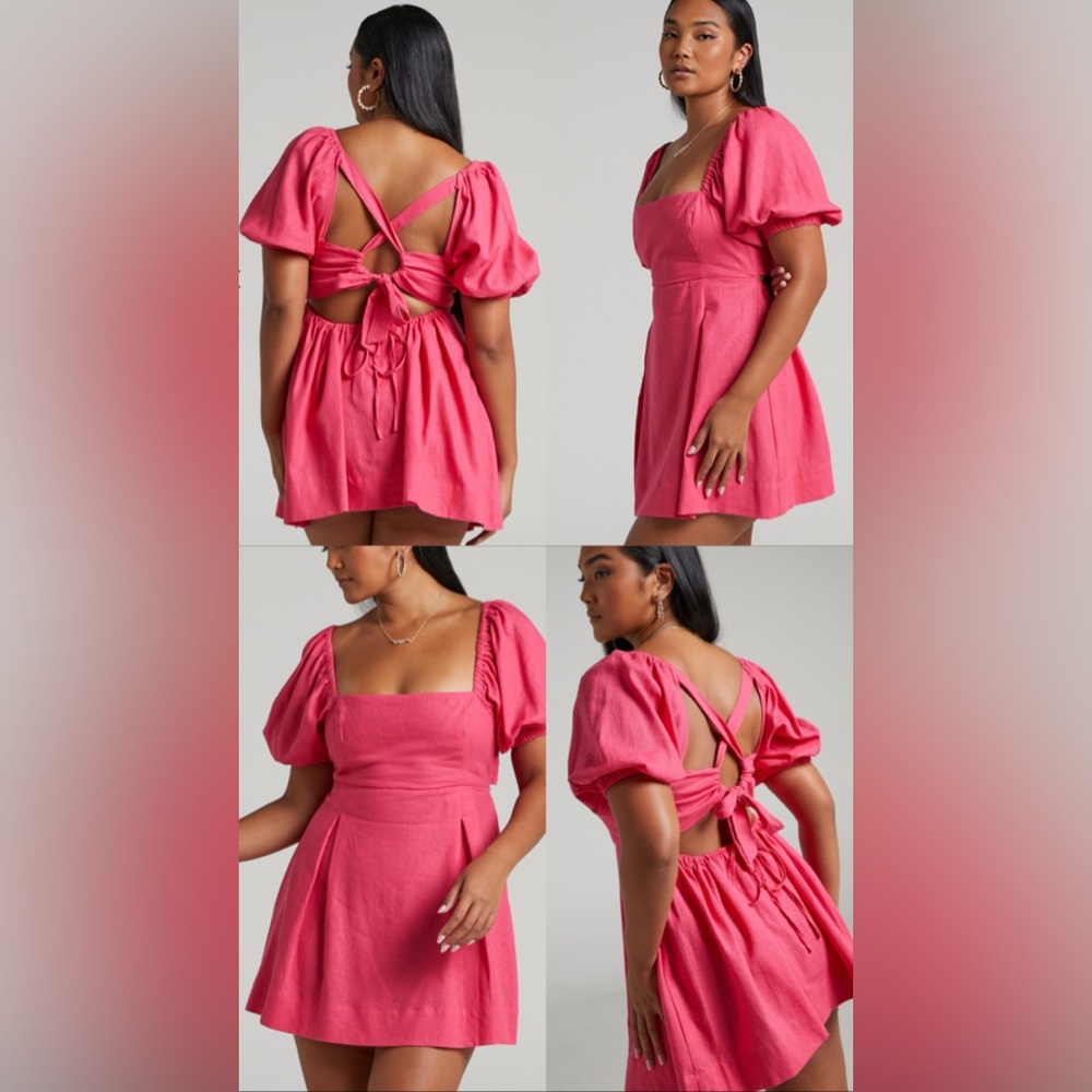 Showpo Matty Mini Dress - Linen Strappy Back Puff Sleeve Babydoll